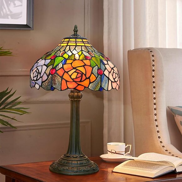 Tiffany Style Stained Glass Lamp Red Orange Purple Pink Rose Table Lamp 19" - Picture 1 of 8